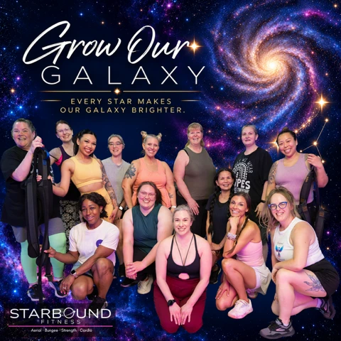 Grow Our Galaxy: the Starbound community gathered together against a spiral galaxy, above the words every star makes our galaxy brighter