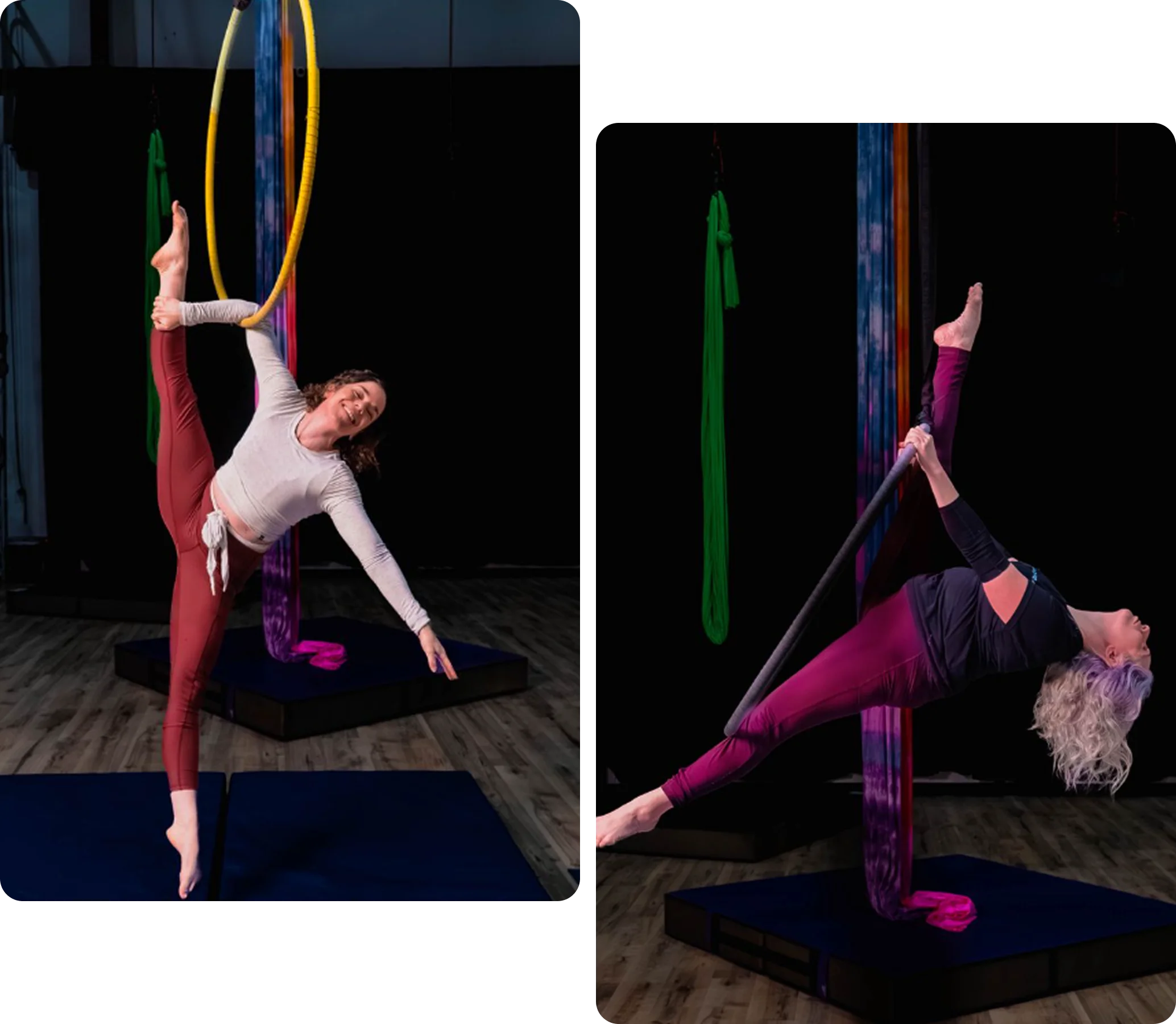 Two aerialists posing on lyra hoops in the studio