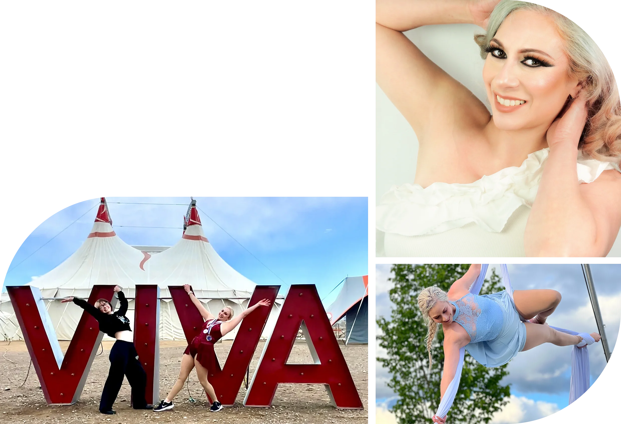 Collage: Amber Matteson portrait, VIVA showcase, and an aerial silks performance